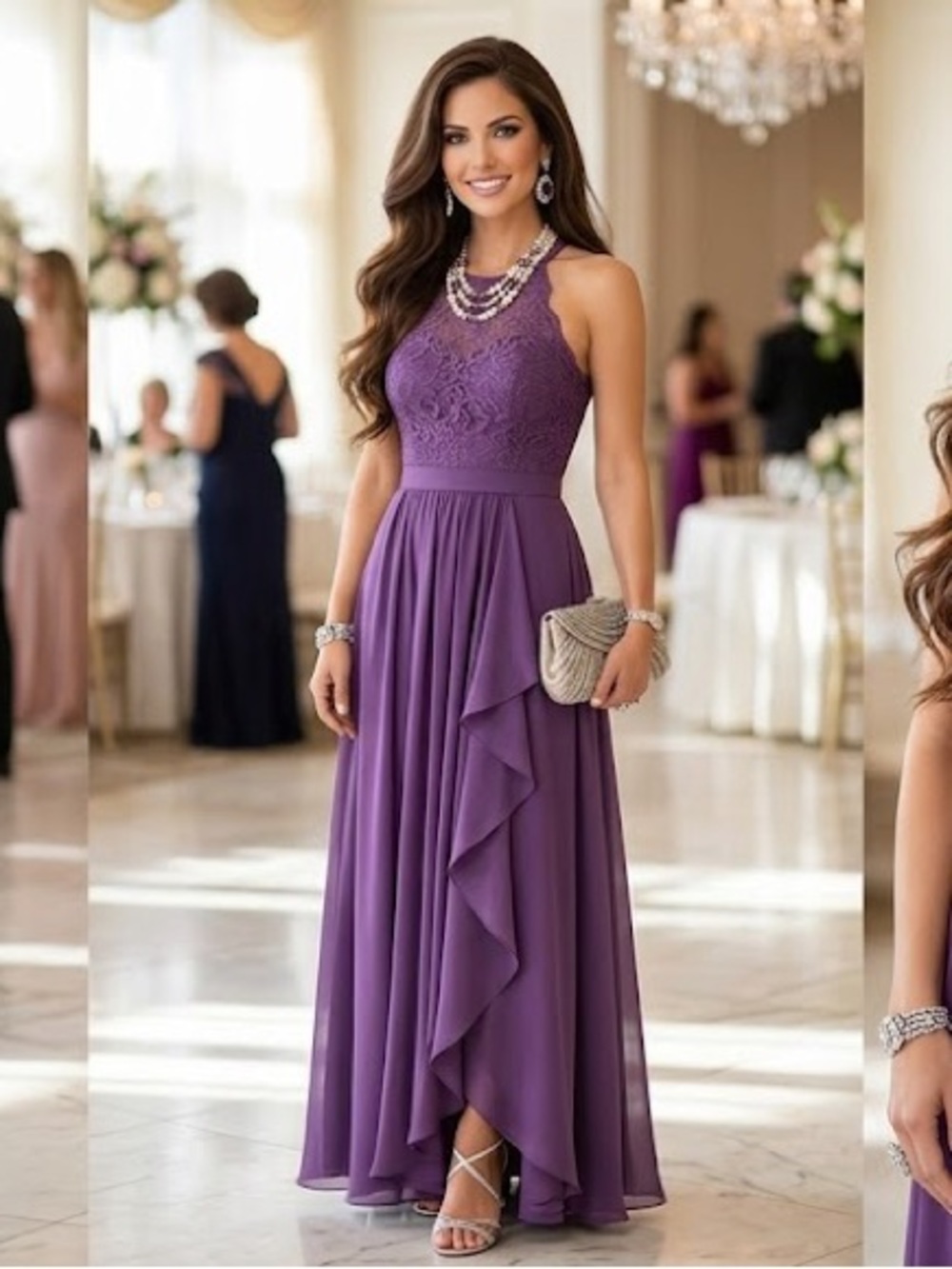 Adrianna Papell Lavender Purple Halter Lace Maxi Dress